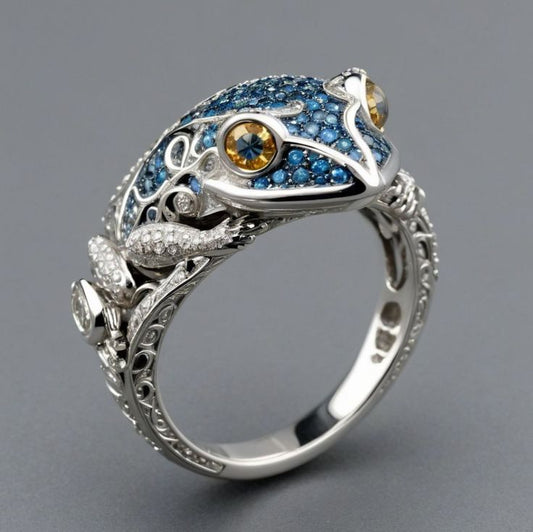 Vintage Blau Glänzend Frosch Ring in Sterling Silber