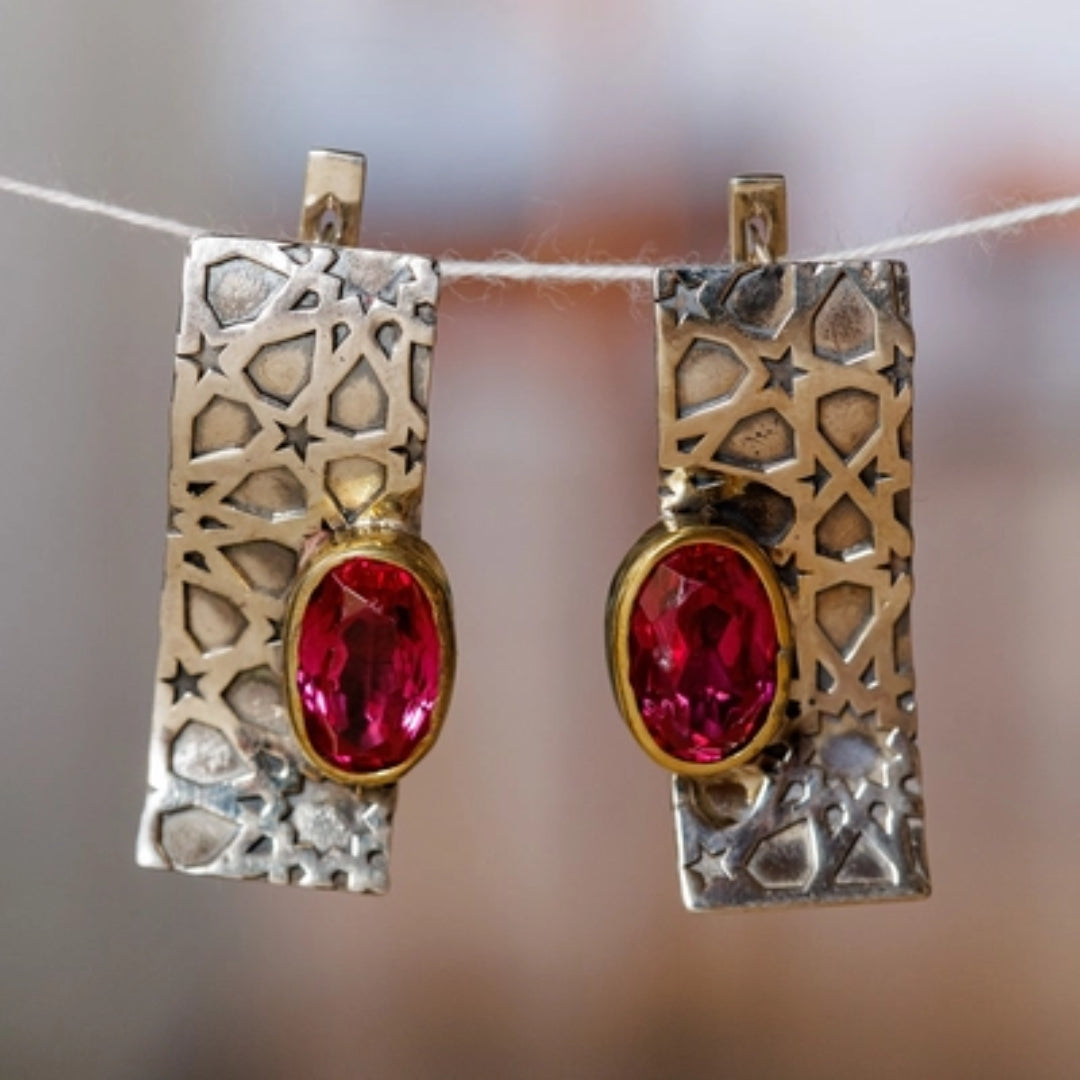 Vintage Gold & Silber Rote Zirkonia Ohrringe