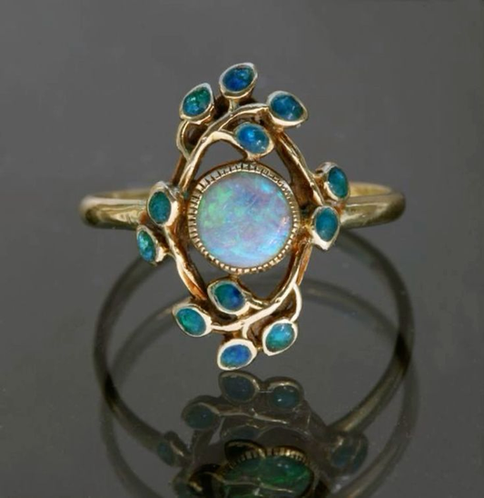 Blauer Ring Vintage Kristalle und Opal